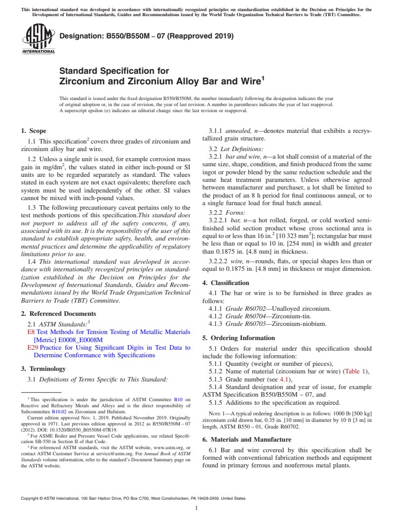 ASTM B550/B550M-07(2019) - Standard Specification for Zirconium and Zirconium Alloy Bar and Wire