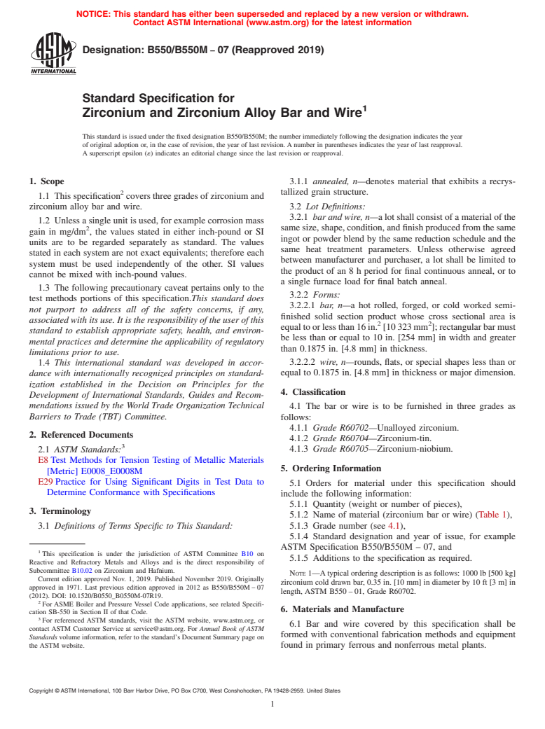 ASTM B550/B550M-07(2019) - Standard Specification for Zirconium and Zirconium Alloy Bar and Wire