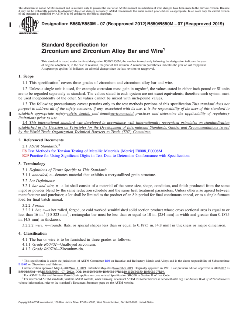 REDLINE ASTM B550/B550M-07(2019) - Standard Specification for Zirconium and Zirconium Alloy Bar and Wire