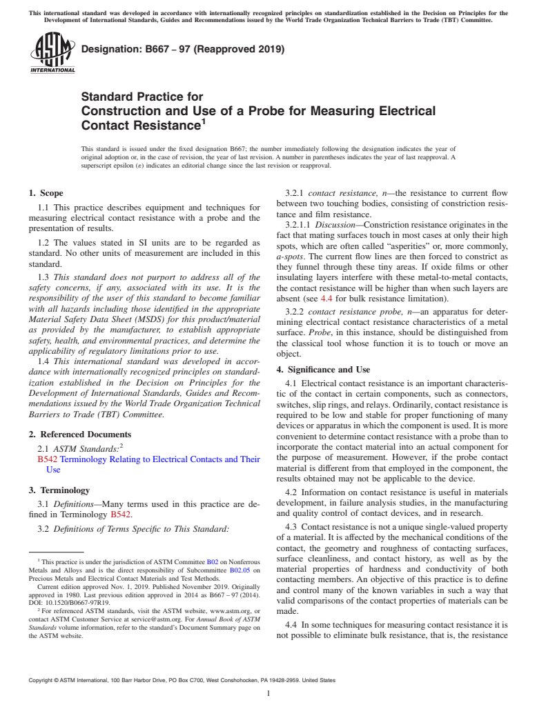 ASTM B667-97(2019) - Standard Practice for Construction and Use of a Probe for Measuring Electrical Contact  Resistance