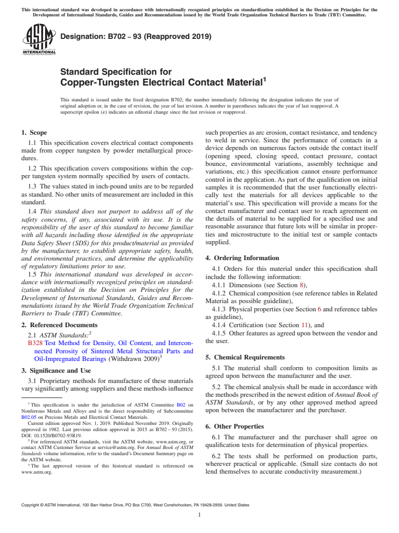 ASTM B702-93(2019) - Standard Specification for Copper-Tungsten Electrical Contact Material