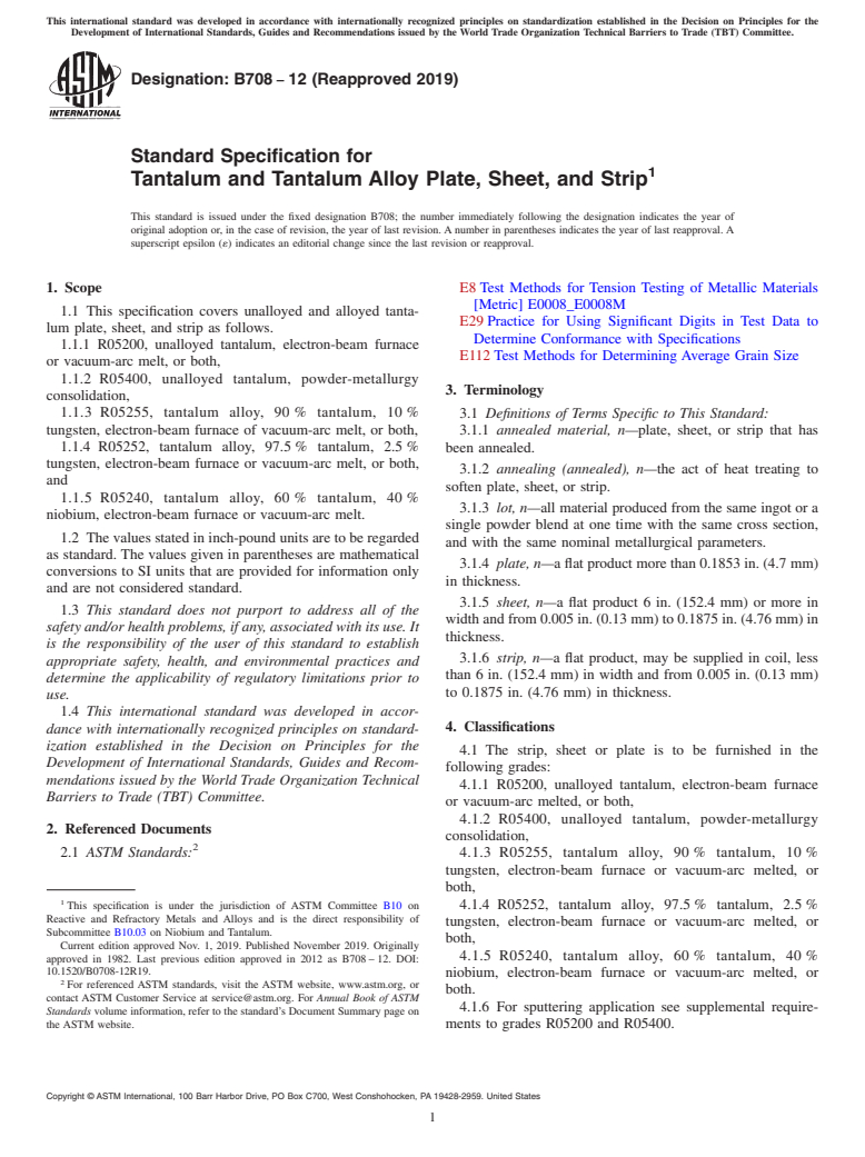 ASTM B708-12(2019) - Standard Specification for Tantalum and Tantalum Alloy Plate, Sheet, and Strip