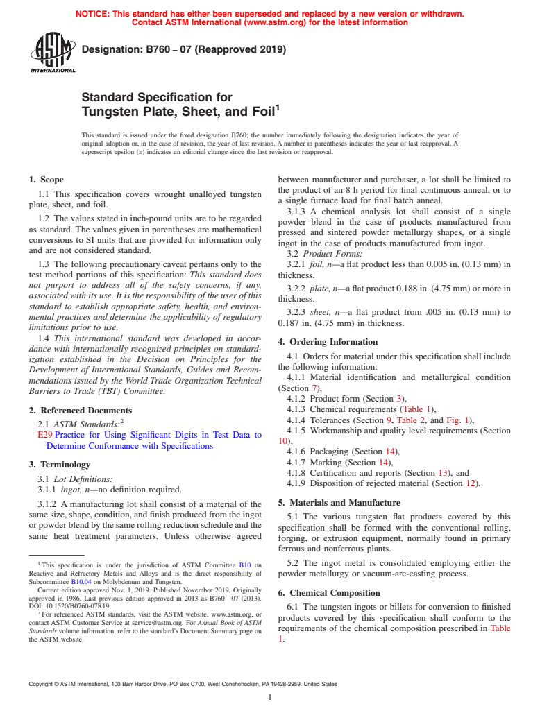 ASTM B760-07(2019) - Standard Specification for Tungsten Plate, Sheet, and Foil