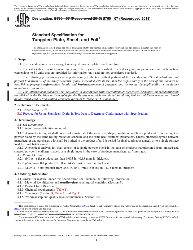 REDLINE ASTM B760-07(2019) - Standard Specification for Tungsten Plate, Sheet, and Foil