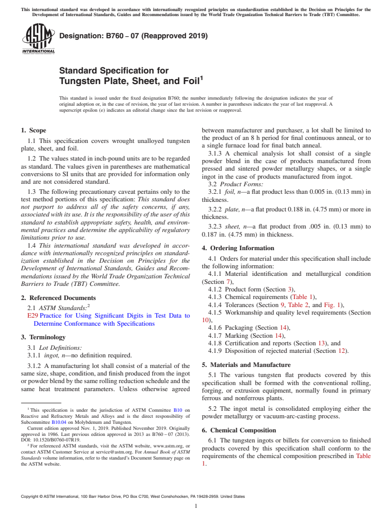 ASTM B760-07(2019) - Standard Specification for Tungsten Plate, Sheet, and Foil