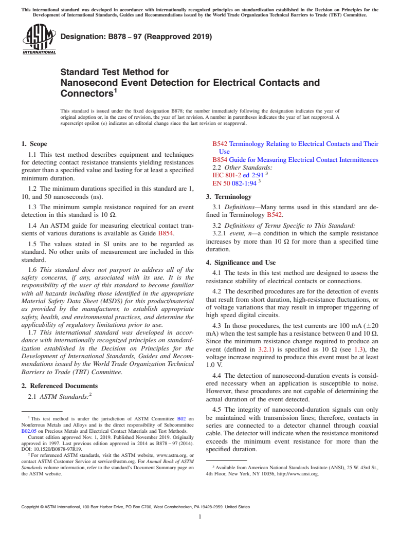 ASTM B878-97(2019) - Standard Test Method for Nanosecond Event Detection for Electrical Contacts and Connectors