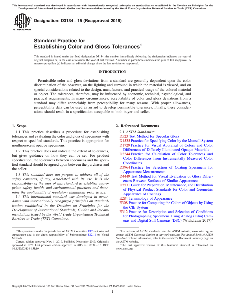 ASTM D3134-15(2019) - Standard Practice for Establishing Color and Gloss Tolerances