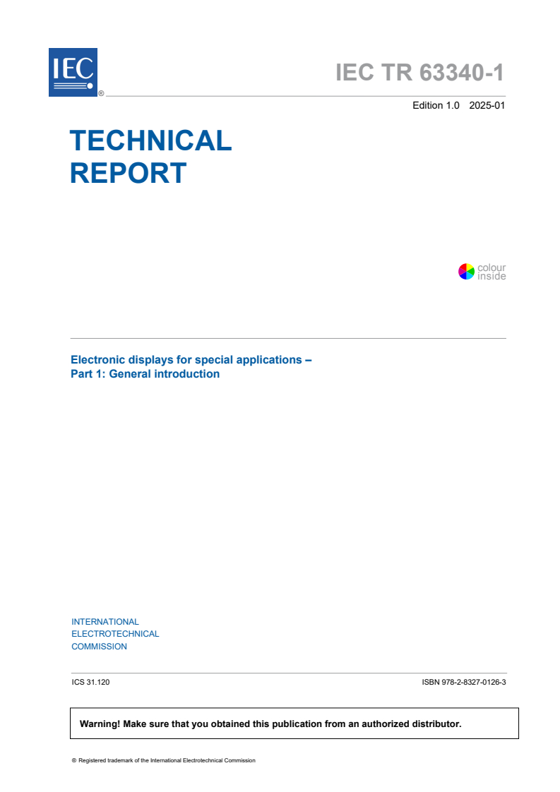 IEC TR 63340-1:2025 - Electronic displays for special applications - Part 1: General introduction
Released:9. 01. 2025
Isbn:9782832701263