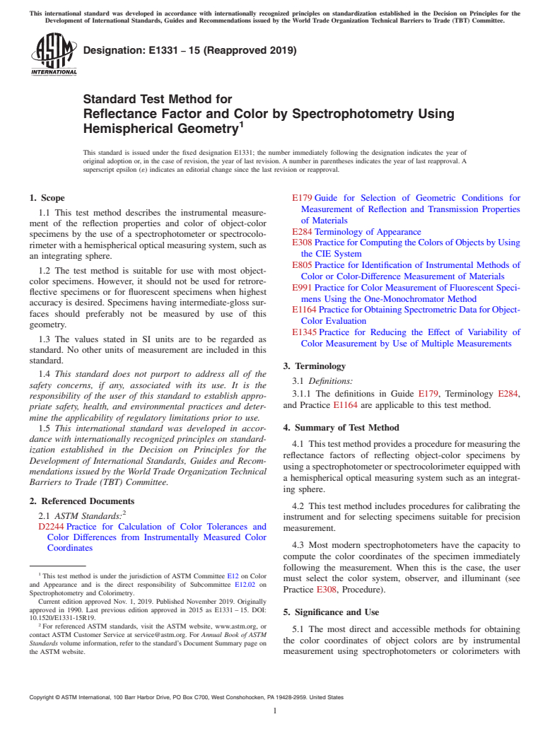 ASTM E1331-15(2019) - Standard Test Method for  Reflectance Factor and Color by Spectrophotometry Using Hemispherical   Geometry