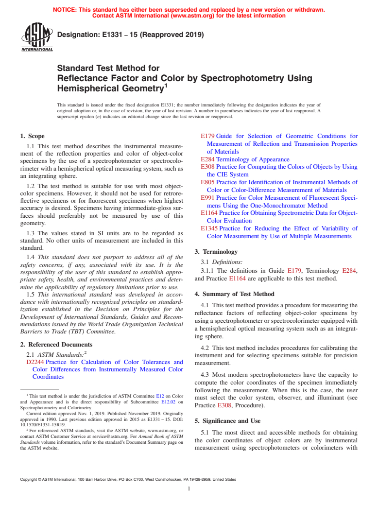 ASTM E1331-15(2019) - Standard Test Method for  Reflectance Factor and Color by Spectrophotometry Using Hemispherical   Geometry