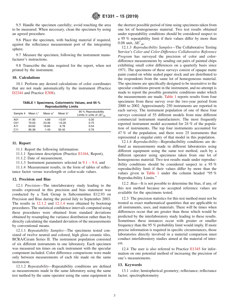 ASTM E1331-15(2019) - Standard Test Method for  Reflectance Factor and Color by Spectrophotometry Using Hemispherical   Geometry