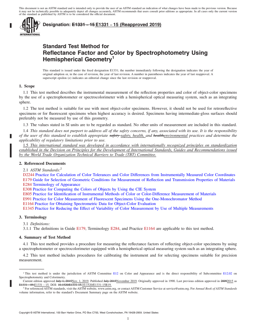 REDLINE ASTM E1331-15(2019) - Standard Test Method for  Reflectance Factor and Color by Spectrophotometry Using Hemispherical   Geometry