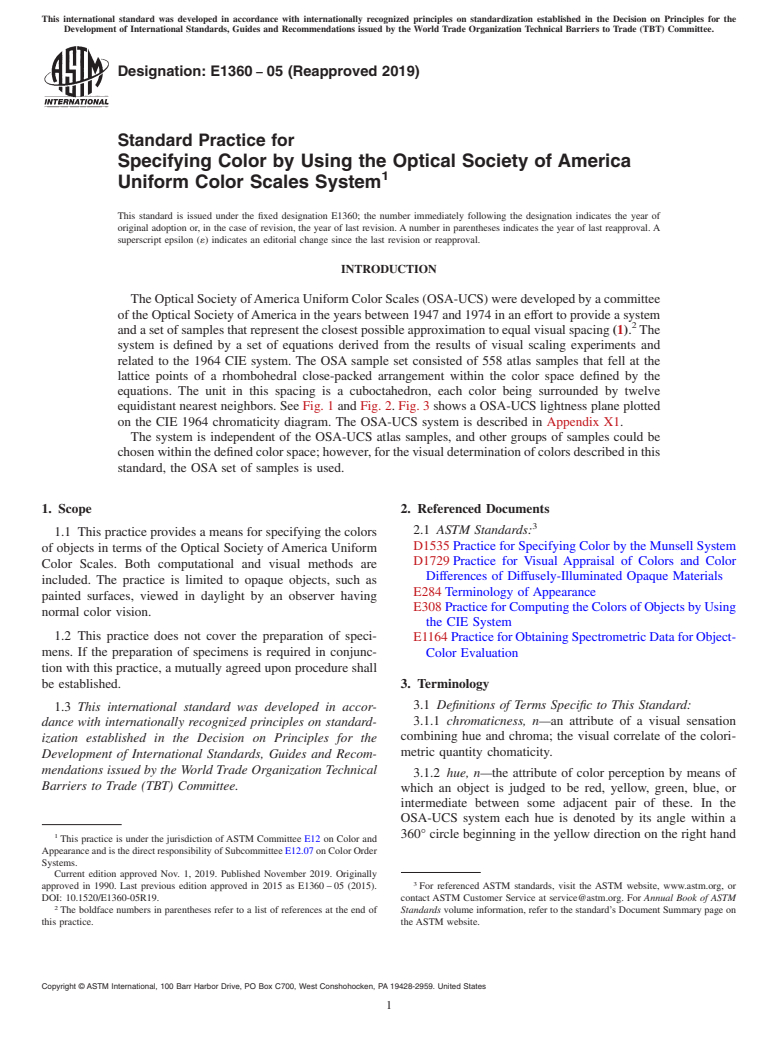 ASTM E1360-05(2019) - Standard Practice for Specifying Color by Using the Optical Society of America Uniform   Color  Scales System