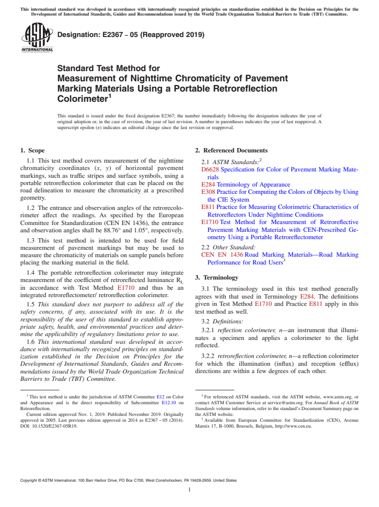 ASTM E2367-05(2019) - Standard Test Method for Measurement of Nighttime Chromaticity of Pavement Marking Materials  Using a Portable Retroreflection Colorimeter