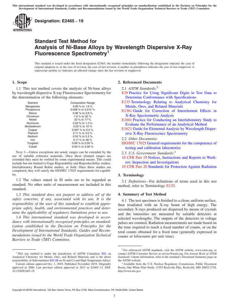ASTM E2465-19 - Standard Test Method for  Analysis of Ni-Base Alloys by Wavelength Dispersive X-Ray Fluorescence  Spectrometry