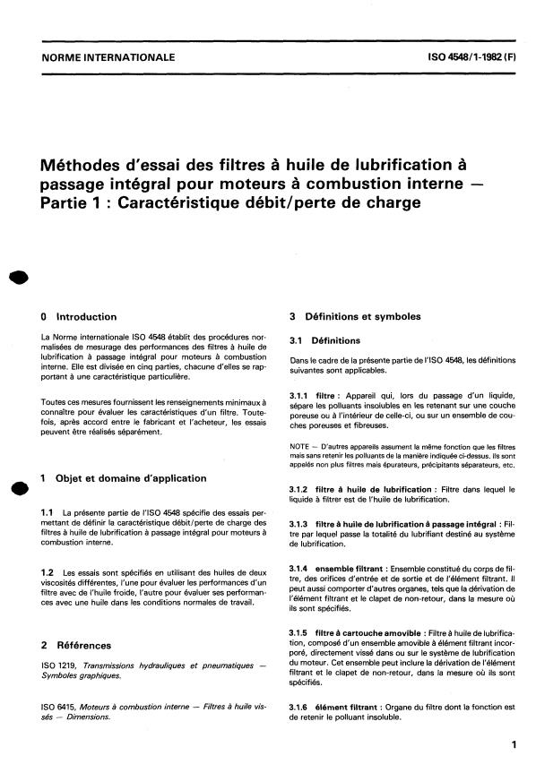 ISO 4548-1:1982 - Méthodes d'essai des filtres a huile de lubrification a passage intégral pour moteurs a combustion interne