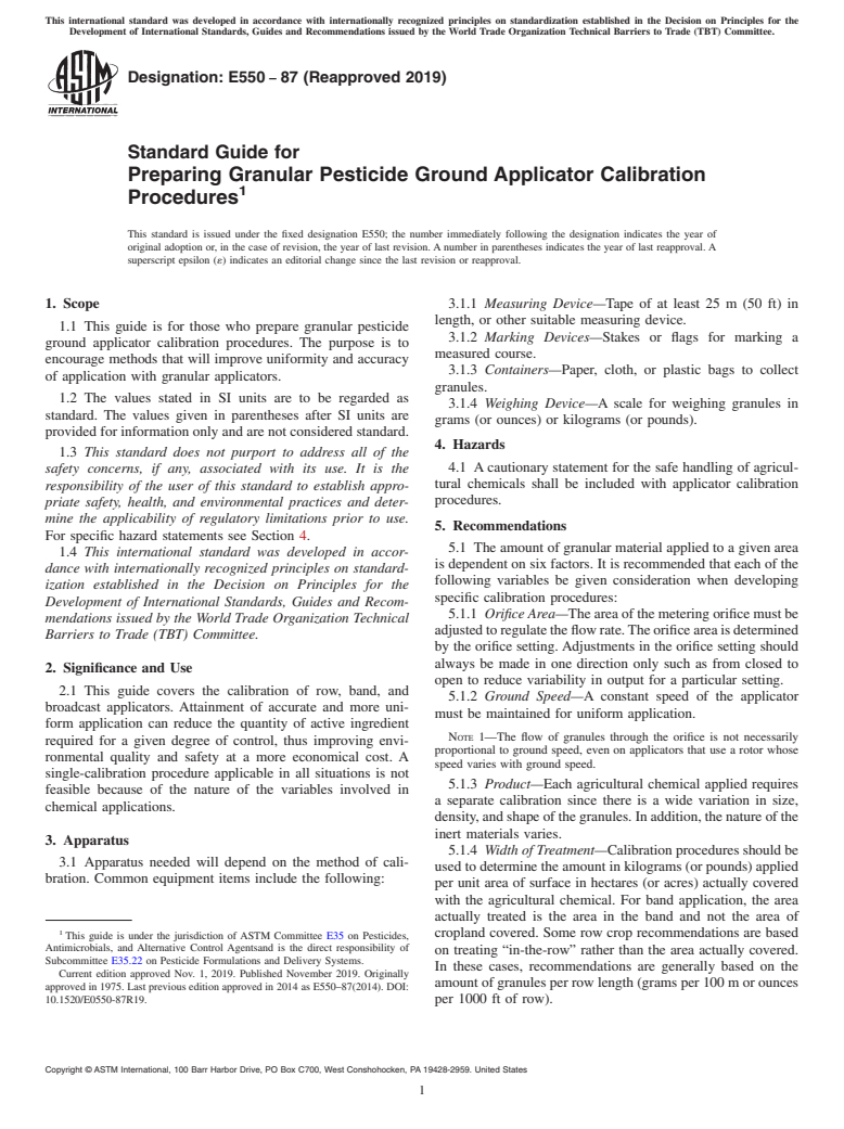 ASTM E550-87(2019) - Standard Guide for  Preparing Granular Pesticide Ground Applicator Calibration  Procedures