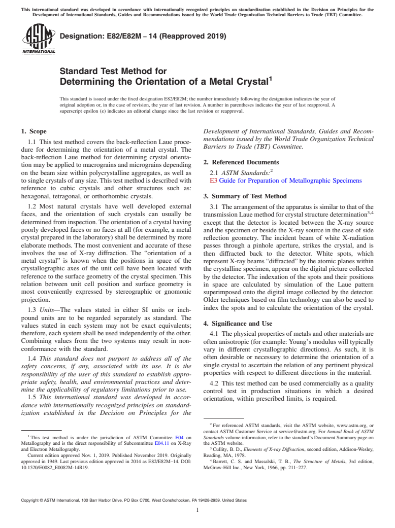 ASTM E82/E82M-14(2019) - Standard Test Method for  Determining the Orientation of a Metal Crystal