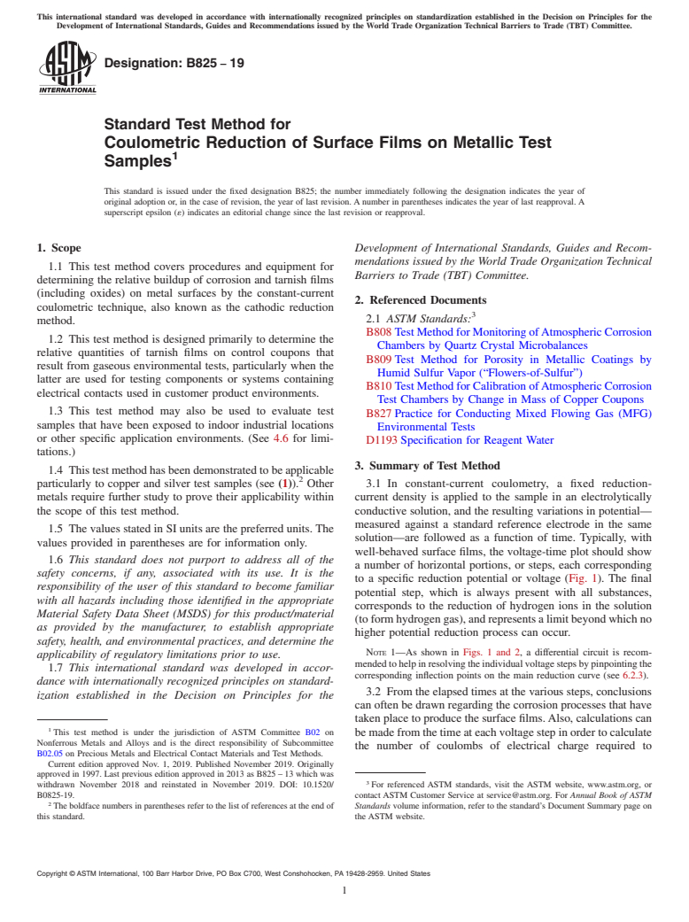 ASTM B825-19 - Standard Test Method for Coulometric Reduction of Surface Films on Metallic Test Samples