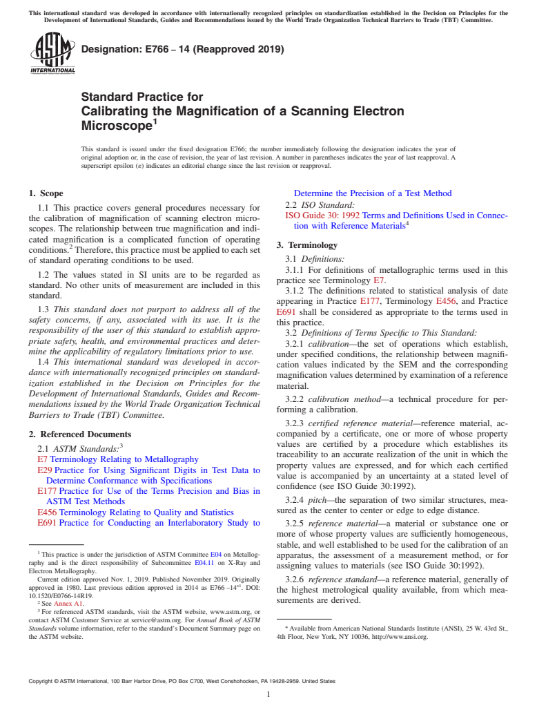 ASTM E766-14(2019) - Standard Practice for  Calibrating the Magnification of a Scanning Electron Microscope