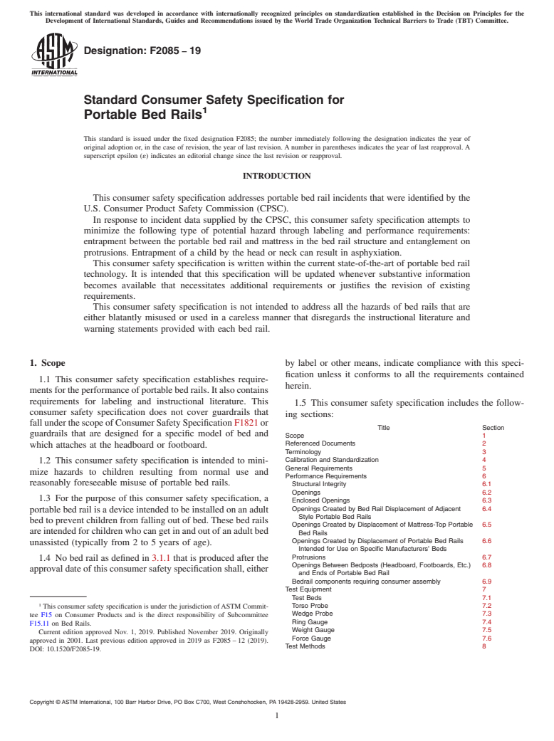 ASTM F2085-19 - Standard Consumer Safety Specification for Portable Bed Rails