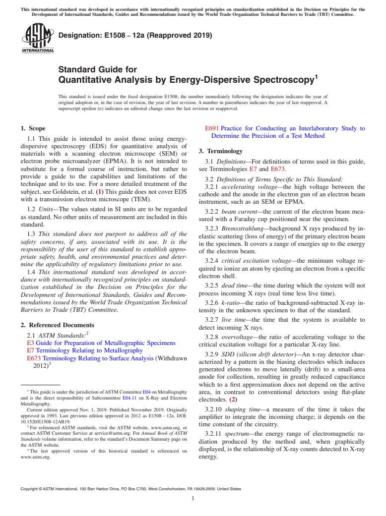 ASTM E1508-12a(2019) - Standard Guide for  Quantitative Analysis by Energy-Dispersive Spectroscopy