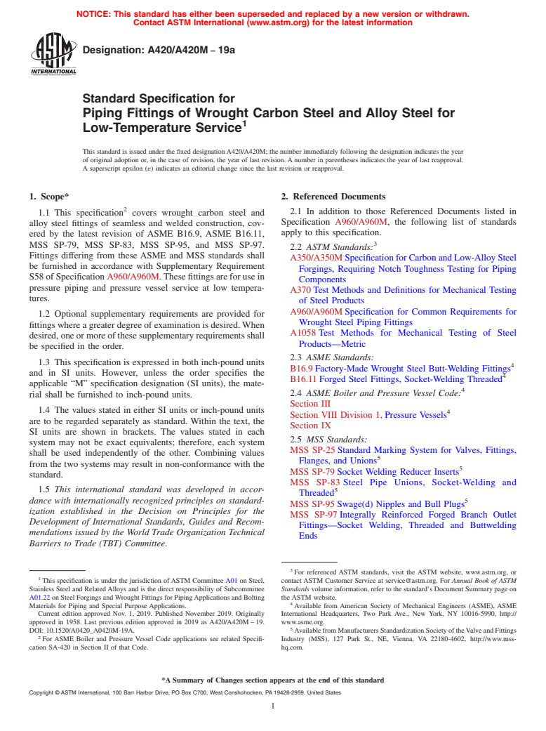 ASTM A420/A420M-19a - Standard Specification for Piping Fittings of Wrought Carbon Steel and Alloy Steel for  Low-Temperature Service