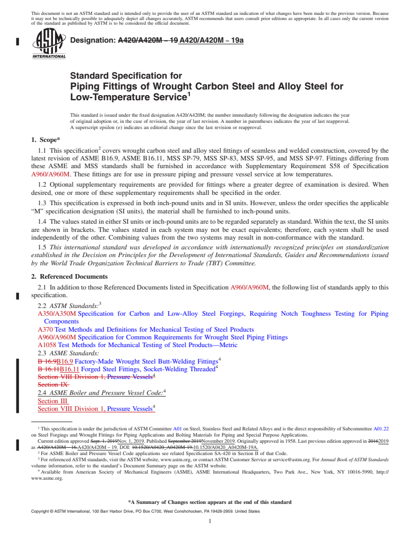 REDLINE ASTM A420/A420M-19a - Standard Specification for Piping Fittings of Wrought Carbon Steel and Alloy Steel for  Low-Temperature Service