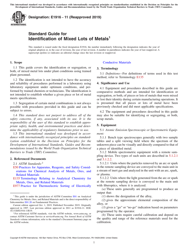 ASTM E1916-11(2019) - Standard Guide for  Identification of Mixed Lots of Metals