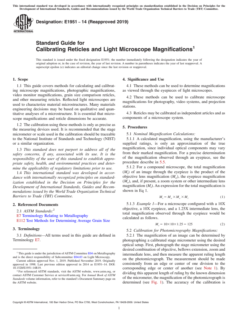 ASTM E1951-14(2019) - Standard Guide for  Calibrating Reticles and Light Microscope Magnifications