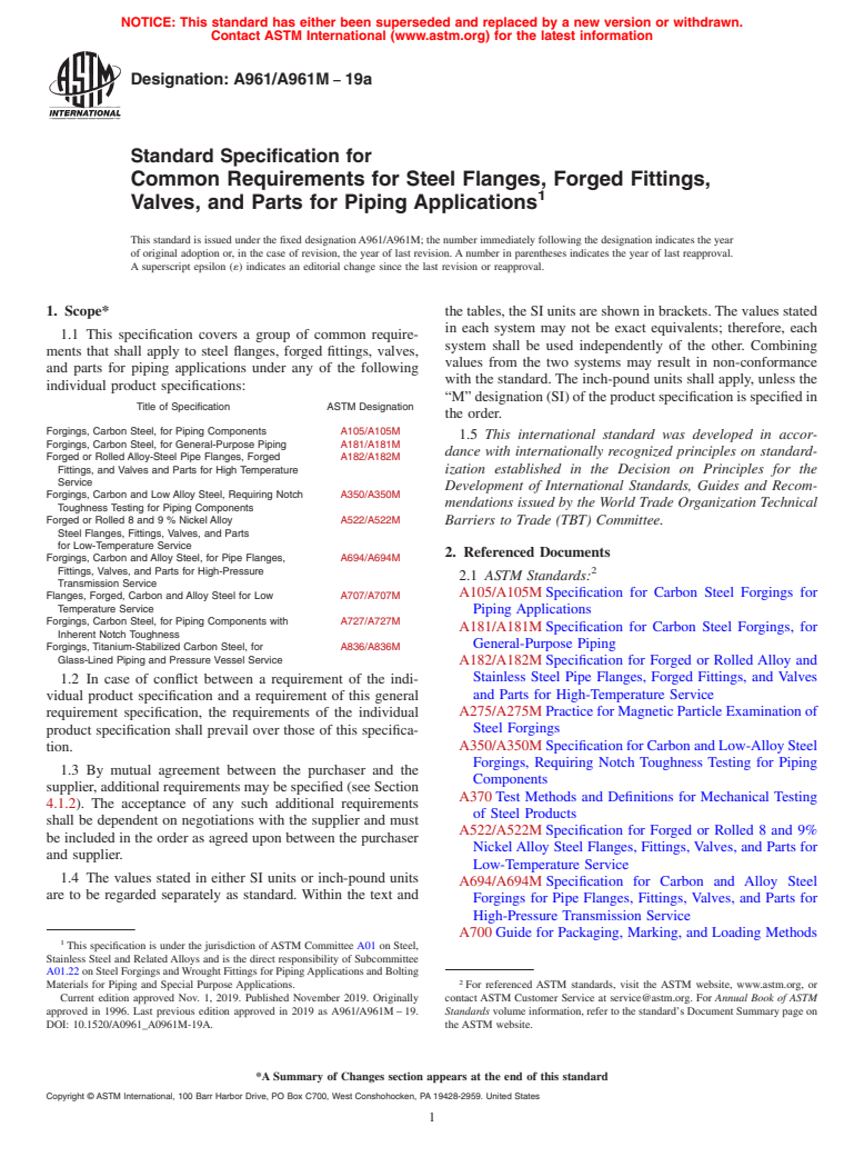 ASTM A961/A961M-19a - Standard Specification for  Common Requirements for Steel Flanges, Forged Fittings, Valves,  and Parts for Piping Applications<?Pub _bookmark  Command="[Quick Mark]"?>