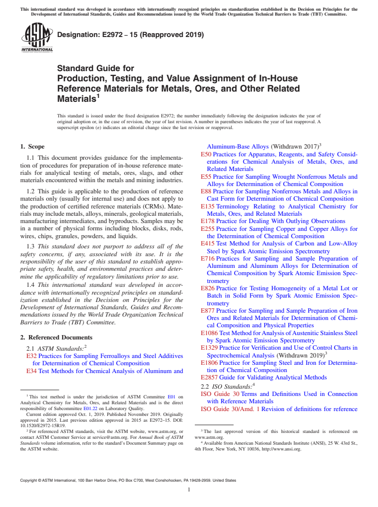 ASTM E2972-15(2019) - Standard Guide for Production, Testing, and Value Assignment of In-House Reference  Materials for Metals, Ores, and Other Related Materials