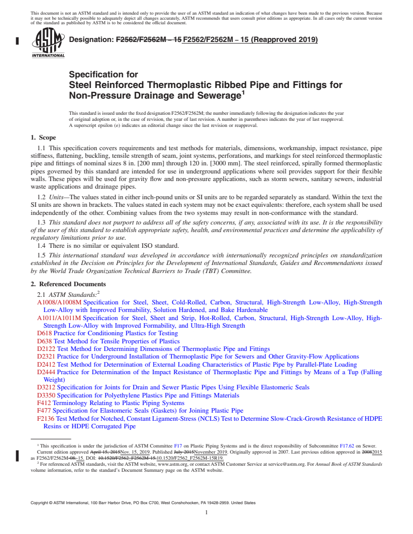 REDLINE ASTM F2562/F2562M-15(2019) - Specification for  Steel Reinforced Thermoplastic Ribbed Pipe and Fittings for  Non-Pressure   Drainage and Sewerage