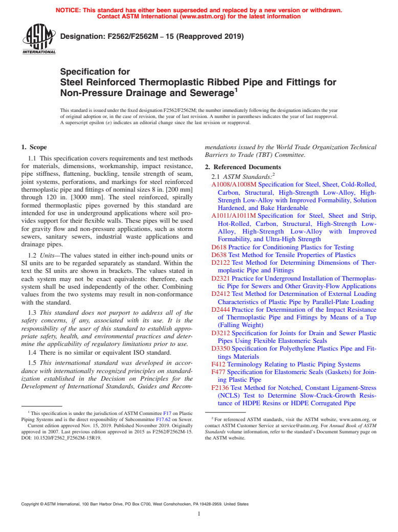 ASTM F2562/F2562M-15(2019) - Specification for  Steel Reinforced Thermoplastic Ribbed Pipe and Fittings for  Non-Pressure   Drainage and Sewerage