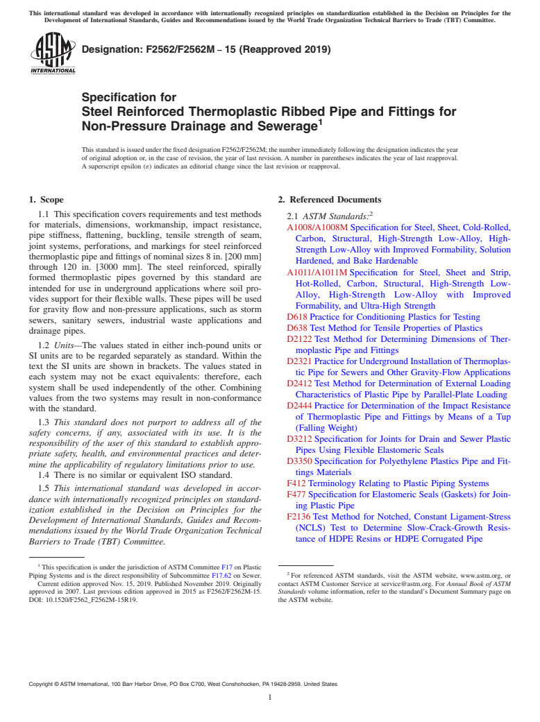 ASTM F2562/F2562M-15(2019) - Specification for  Steel Reinforced Thermoplastic Ribbed Pipe and Fittings for  Non-Pressure   Drainage and Sewerage