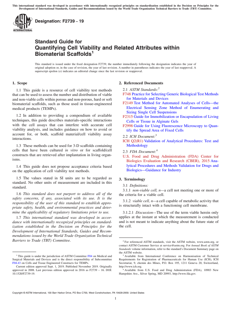 ASTM F2739-19 - Standard Guide for Quantifying Cell Viability and Related Attributes within Biomaterial  Scaffolds