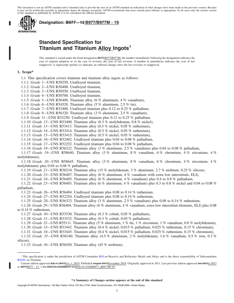 REDLINE ASTM B977/B977M-19 - Standard Specification for Titanium and Titanium Alloy Ingots