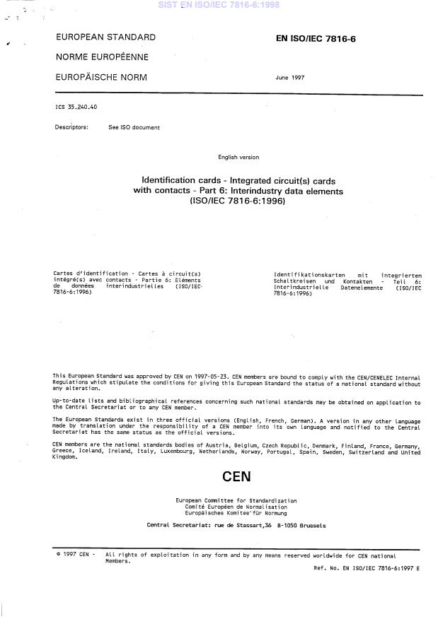 EN ISO/IEC 7816-6:1998
