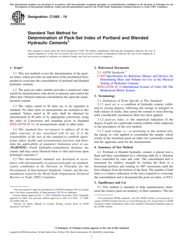 ASTM C1565-19 - Standard Test Method for  Determination of Pack-Set Index of Portland and Blended Hydraulic  Cements