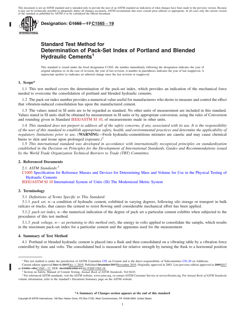 REDLINE ASTM C1565-19 - Standard Test Method for  Determination of Pack-Set Index of Portland and Blended Hydraulic  Cements