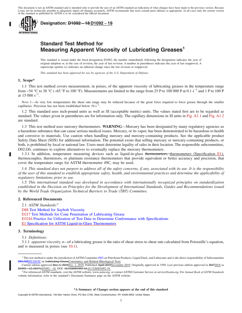 REDLINE ASTM D1092-19 - Standard Test Method for Measuring Apparent Viscosity of Lubricating Greases