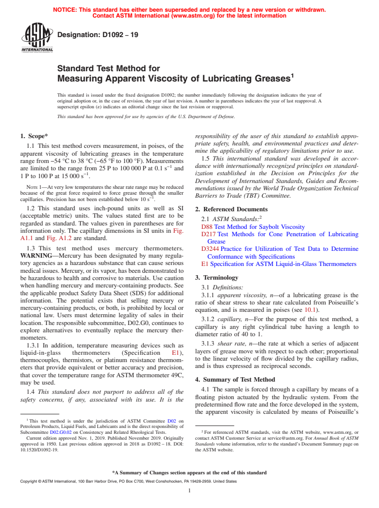 ASTM D1092-19 - Standard Test Method for Measuring Apparent Viscosity of Lubricating Greases