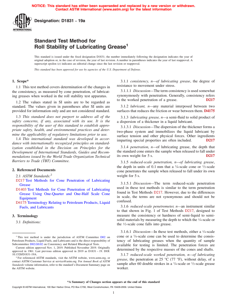 ASTM D1831-19a - Standard Test Method for  Roll Stability of Lubricating Grease