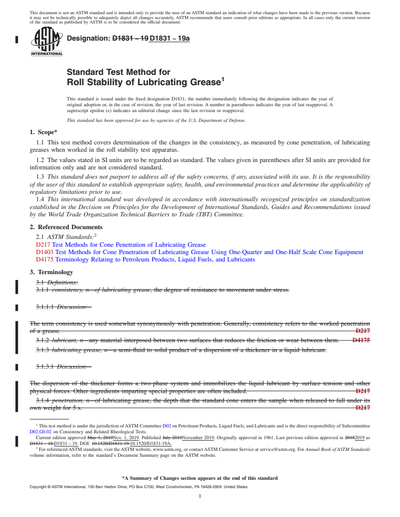 REDLINE ASTM D1831-19a - Standard Test Method for  Roll Stability of Lubricating Grease