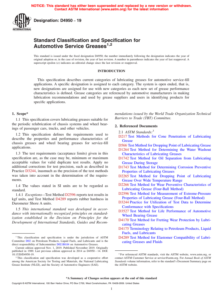 ASTM D4950-19 - Standard Classification and Specification for  Automotive Service Greases