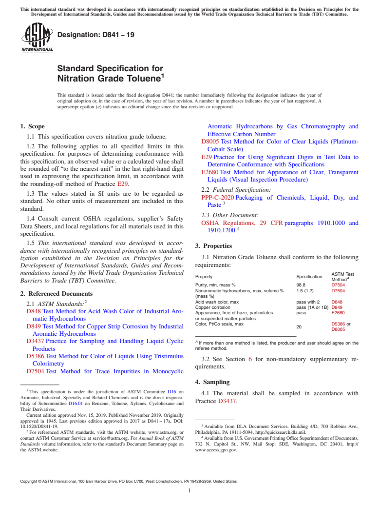 ASTM D841-19 - Standard Specification for Nitration Grade Toluene