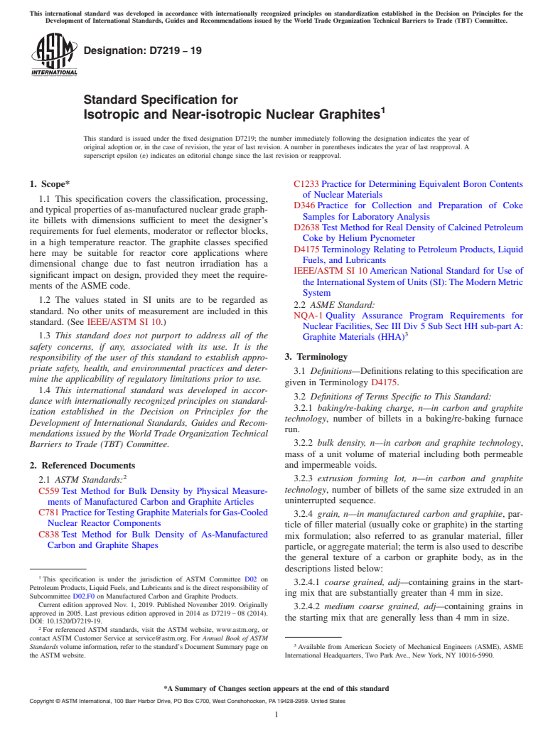 ASTM D7219-19 - Standard Specification for  Isotropic and Near-isotropic Nuclear Graphites