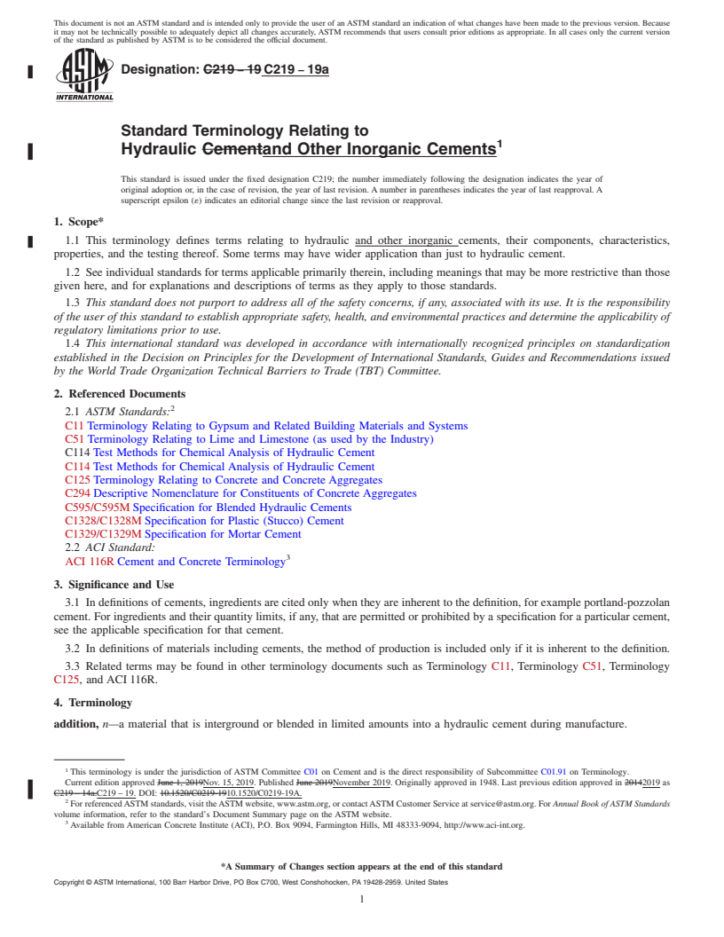 REDLINE ASTM C219-19a - Standard Terminology Relating to Hydraulic and Other Inorganic Cements