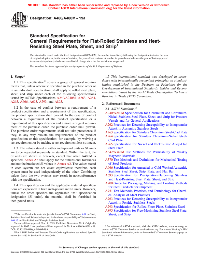 ASTM A480/A480M-19a - Standard Specification for  General Requirements for Flat-Rolled Stainless and Heat-Resisting  Steel Plate, Sheet, and Strip