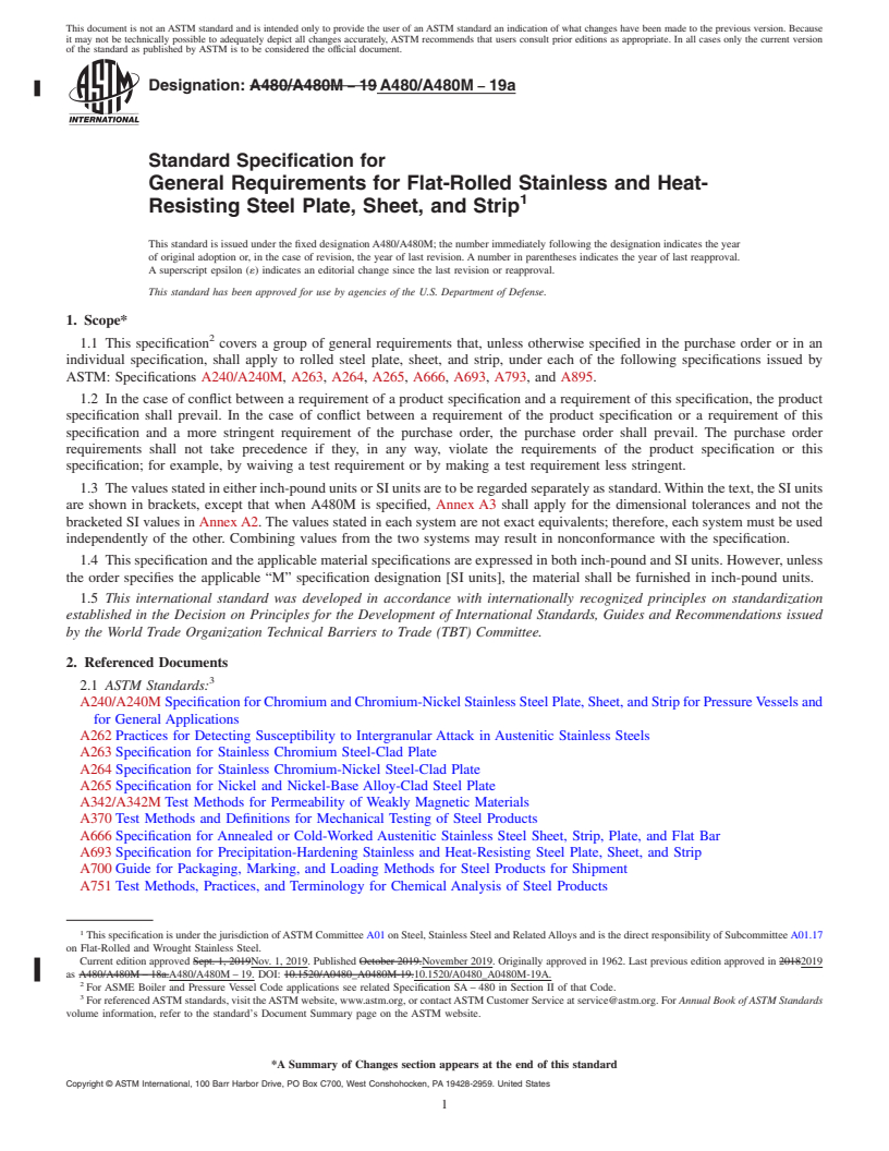 REDLINE ASTM A480/A480M-19a - Standard Specification for  General Requirements for Flat-Rolled Stainless and Heat-Resisting  Steel Plate, Sheet, and Strip